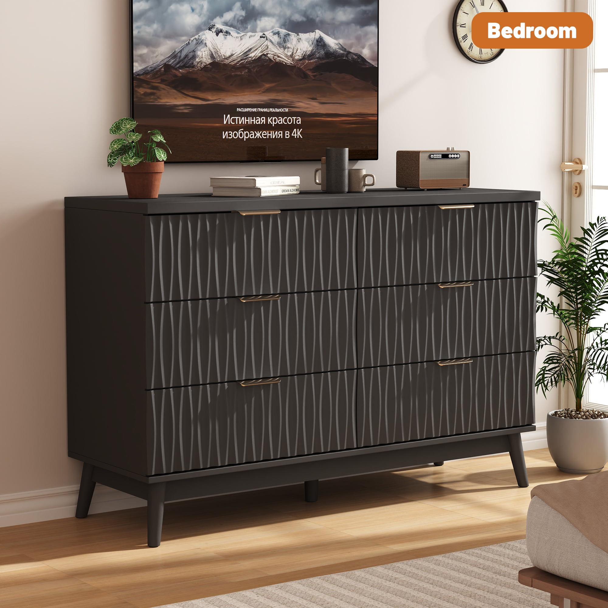 Fluted Dresser for Bedroom with 6 Drawers, 48" Wide Modern Chest of Drawers with Elegant Wave Design, Wooden Dresser TV Stand, Closet Clothes Storage Organizer for Living Room, Hallway