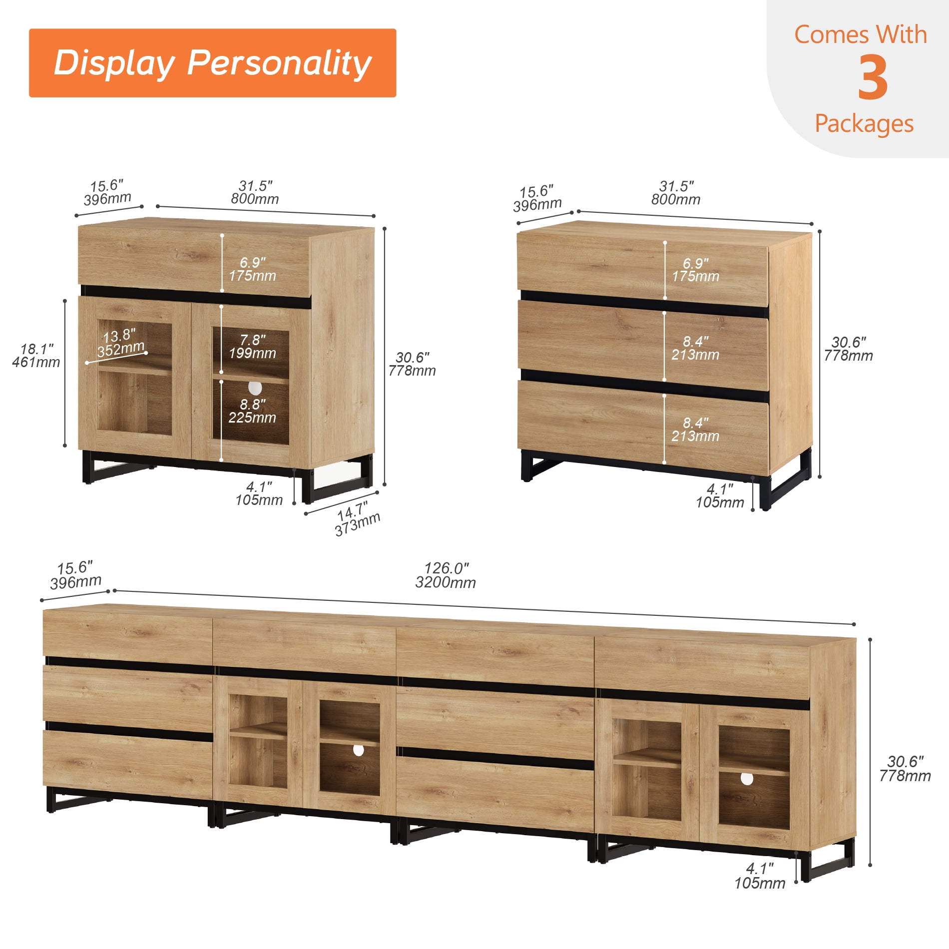 4 In 1 Modern Dresser with Glass Doors & 8 Drawers, Chest of Drawers with Adjustable Shelves, Multi-purpose Bedroom Closet Organizer Storage Cabinet,Oak