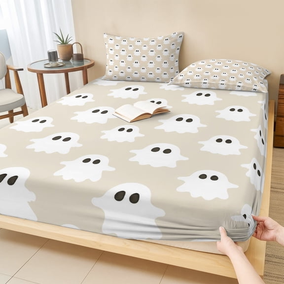 Queen Size Fitted Sheet Set - Halloween 3 Piece Bedding Sets 16" Deep Pocket Fitted Sheet with 2 Pillowcases, Brown White Spooky Green Eyes Ghost Floating Brushed Microfiber Hotel Luxury Bed Sheets