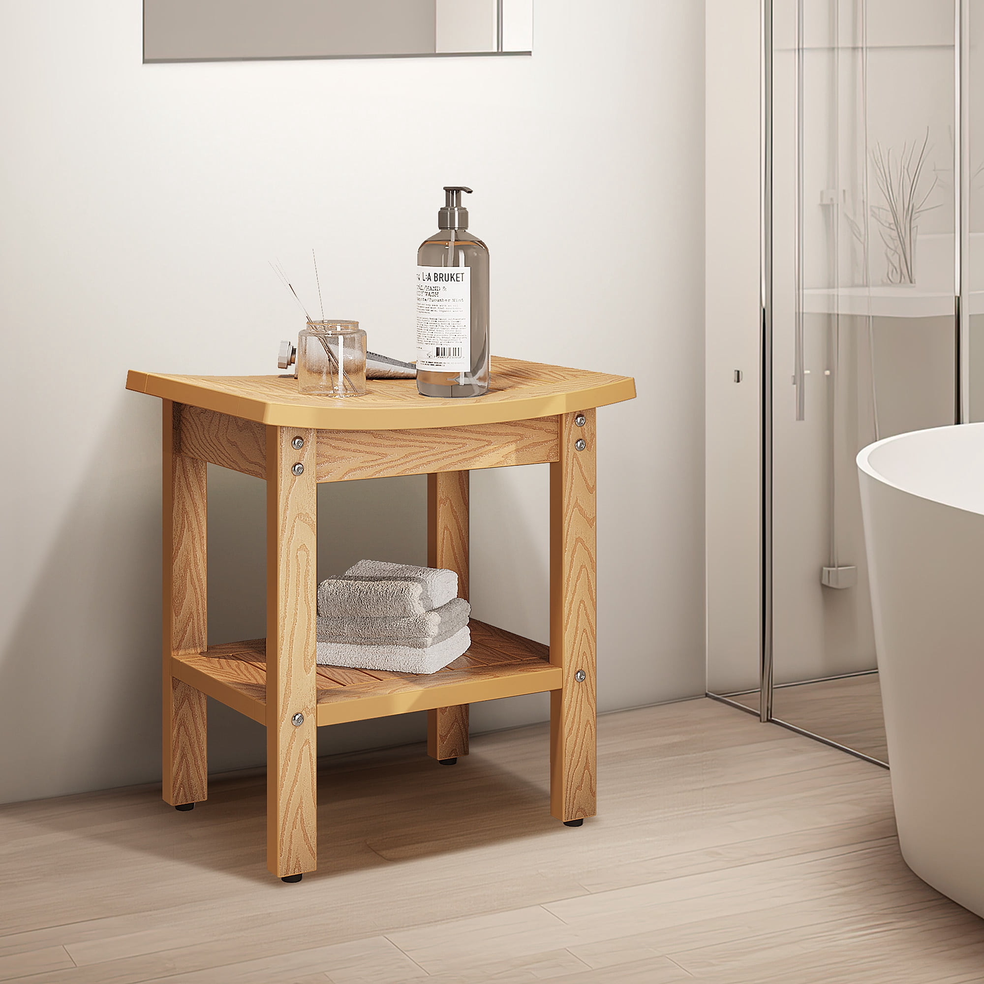 Dextrus Poly Lumber Shower Bench,2-Tier Waterproof Shower Stool,Bamboo Shower Chair for Bathtub,Natural Wood