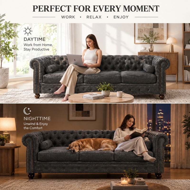 Anpport 81" Rolled Arm Chesterfield Sofa, Faux Leather 3 Seater Couch, Button Tufted, Nailhead Trim & Solid Wood Legs for Living Room & Office, Dark Grey