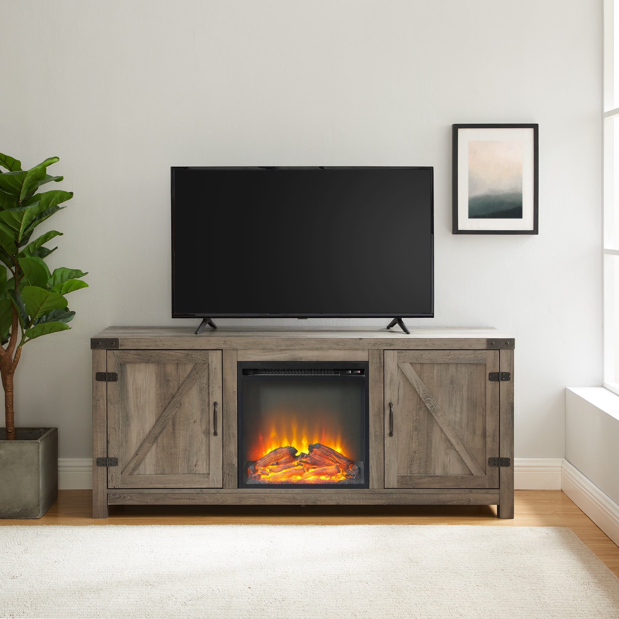 Walker Edison Modern Farmhouse Fireplace TV Stand for TVs up to 65", Grey Wash