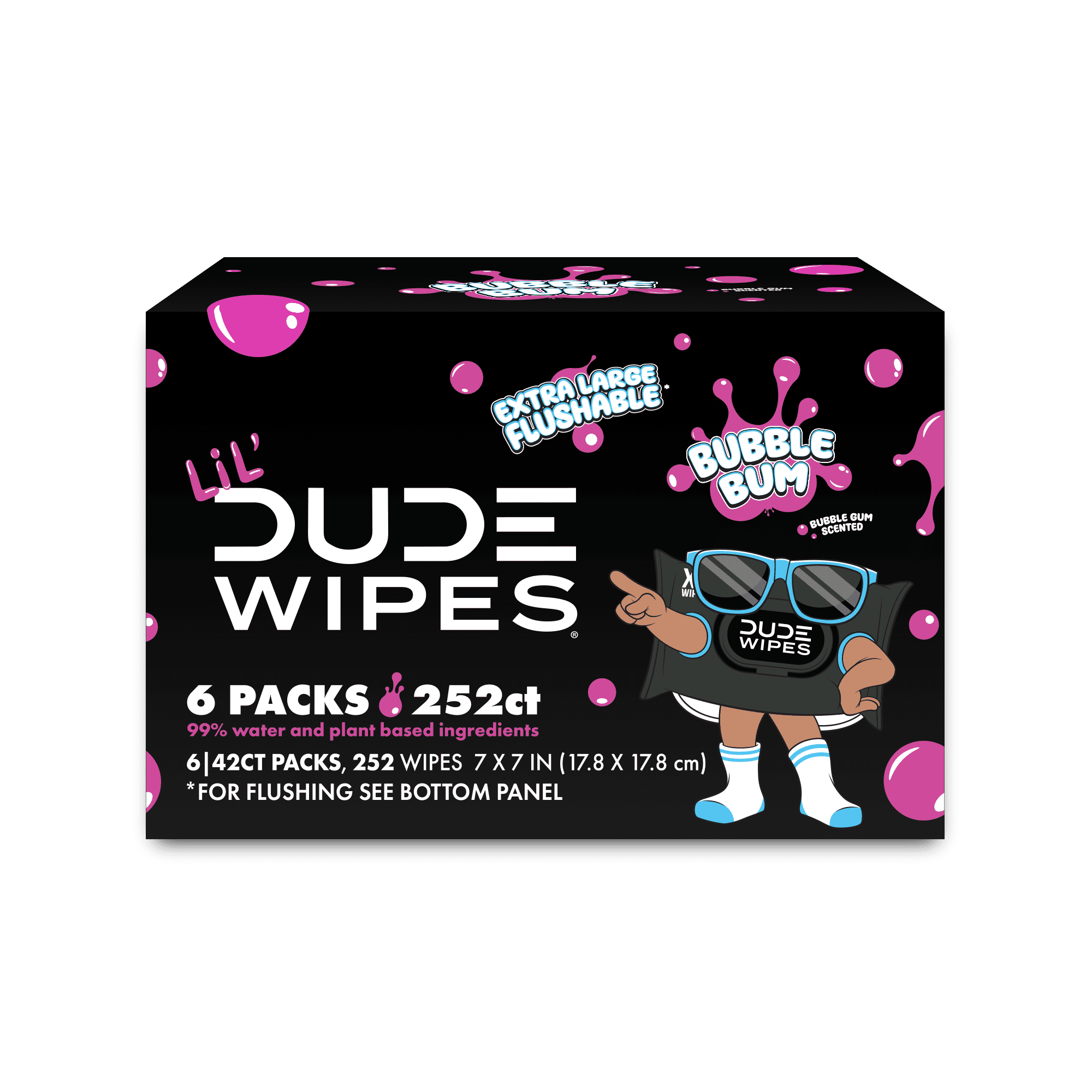 LiL' DUDE Flushable Wipes, Extra Large Bubble Bum Wet Wipes, Bubble Gum Scent, 252 Count, 6 Pack