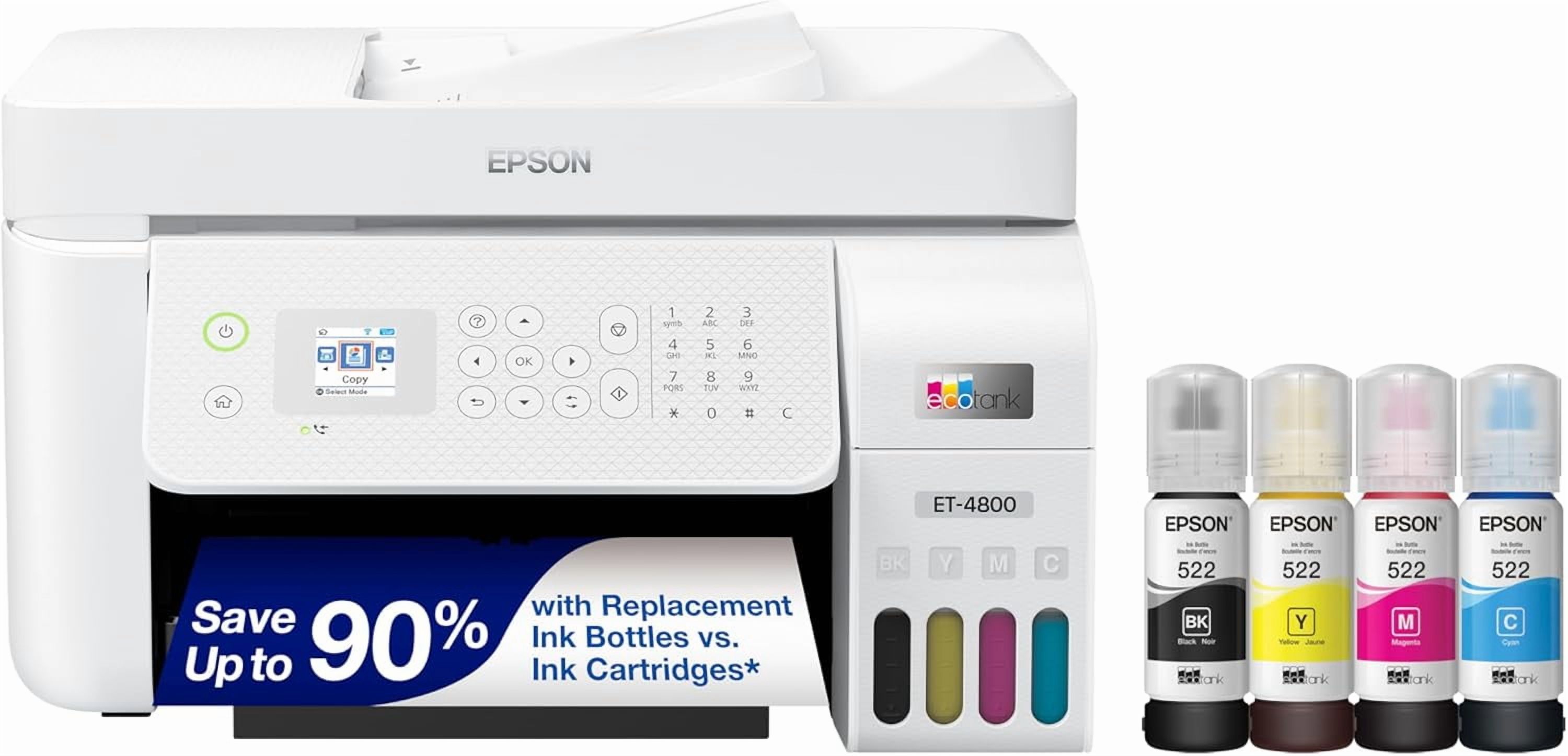 Epson EcoTank ET-4800 Wireless All-in-One Cartridge-Free Supertank Printer with Scanner, Copier, Fax, ADF and Ethernet – Ideal-for Your Home Office, White (Sold without manufacturer warranty)