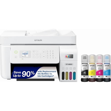 Epson EcoTank ET-4800 Wireless All-in-One Cartridge-Free Supertank Printer with Scanner, Copier, Fax, ADF and Ethernet – Ideal-for Your Home Office, White (Sold without manufacturer warranty)