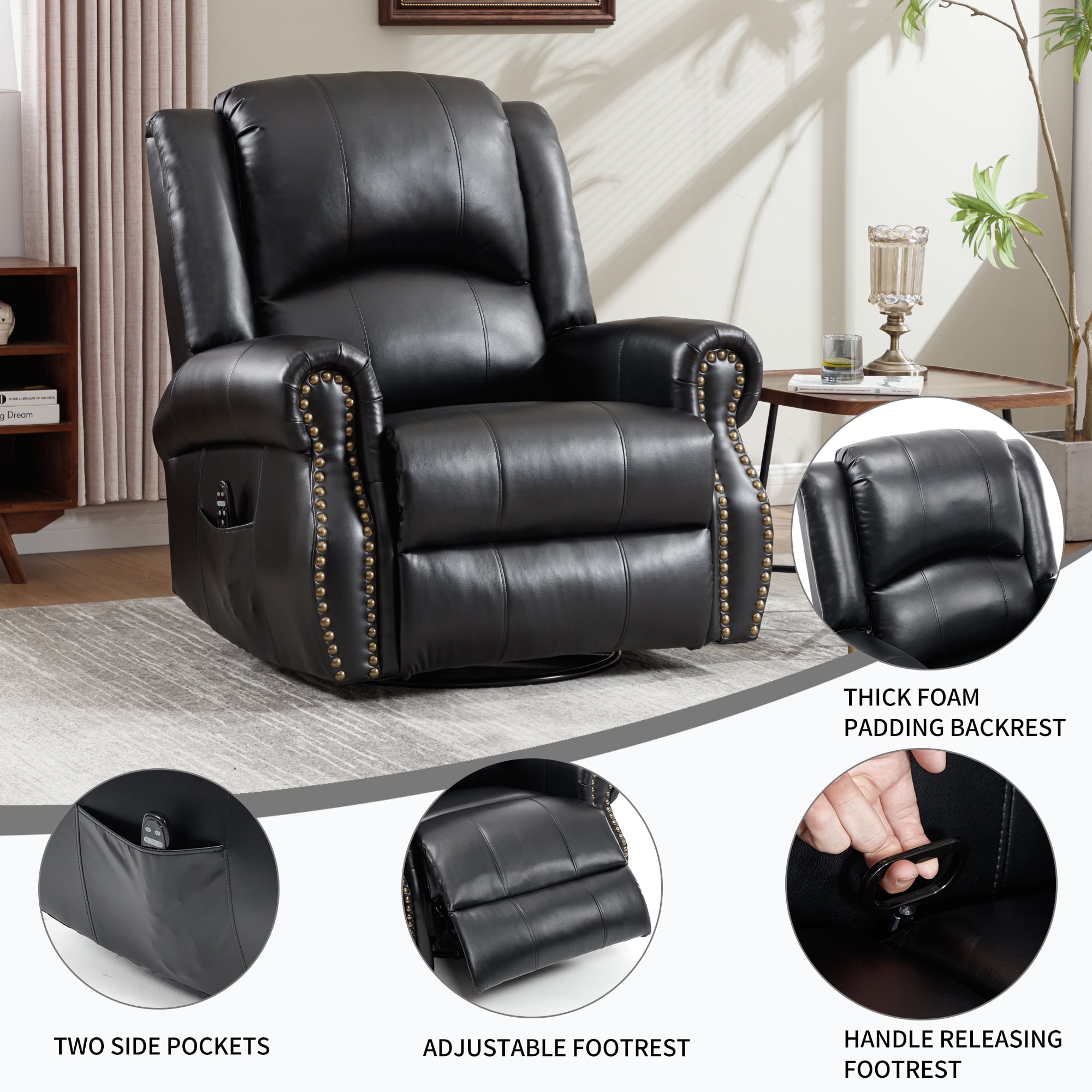 Leumius Oversized Swivel Recliner Chair for Adults,Swivel Rocker Recliner with Vibration Massage and Lumbar Heating for Living Room,Rivet Design,Black