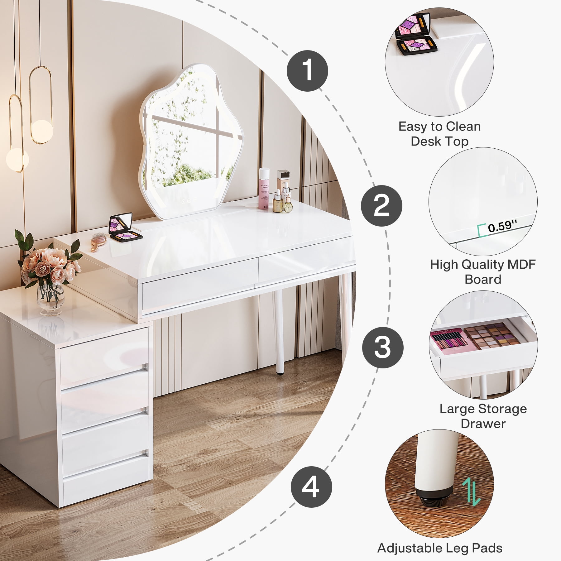 Tribesigns White Desk with Drawers, Modern Home Office Desk with Storage Drawers and Printer Stand, Reversible Computer Desk Vanity Desk for Bedroom, Living Room