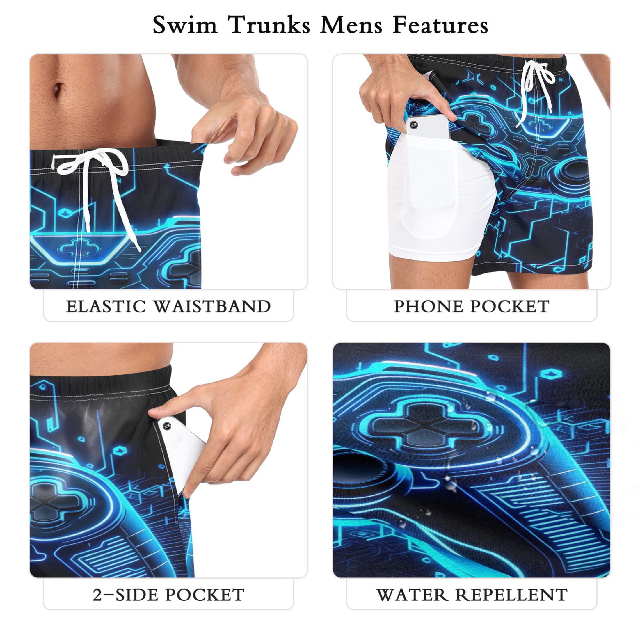 joogoo Men's Neon Game Controller Cool Swim Trunks with Liner Pocket Beach Shorts XX-Large