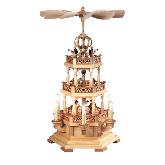 German christmas pyramid Christmas story with angels, 2-tier, height 49 cm / 19 inch, electrical illuminated and driven (230V, 50Hz not for USA and Japan), natural, original Erzgebirge by Müller S...