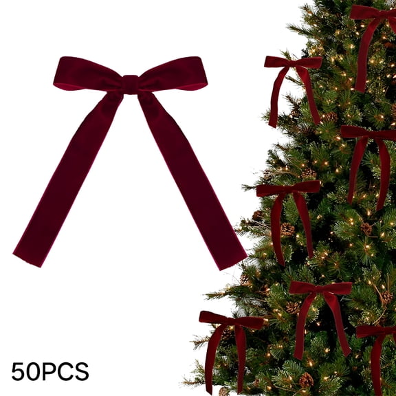 AUQ 50Pcs Burgundy Velvet Bows for Christmas Tree Decorations Wreath Garland Velvet Bows with Twist Tie Bow Garland Christmas