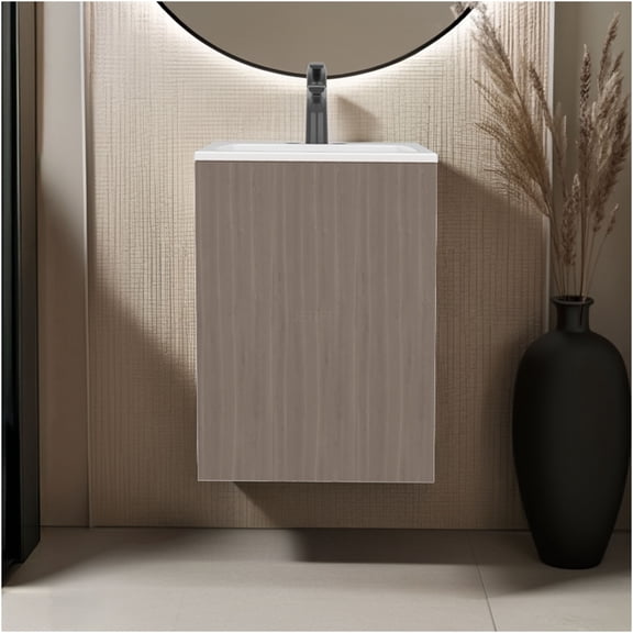 JERFIT 45cm Narrow Bathroom Vanity with Sink, Light Gray Modern Free Standing Storage Cabinet with Door & Open Shelf