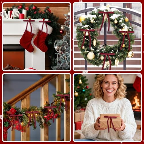 24 Count Rustic Red Velvet Christmas Ornaments and 5x7 Inch Pre-Tied Bows for Tree, Wreath, Garland, Gift Wrapping, and Vintage Holiday Home Decor