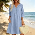 thumbnail image 4 of VBVC Women's Cotton Linen V Neck Tunic Dress , Casual 3/4 Sleeve Summer Shift Dress For Women , Ladies' Button Down Mini Dresses with Pockets,Light Blue,S-2XL, 4 of 5