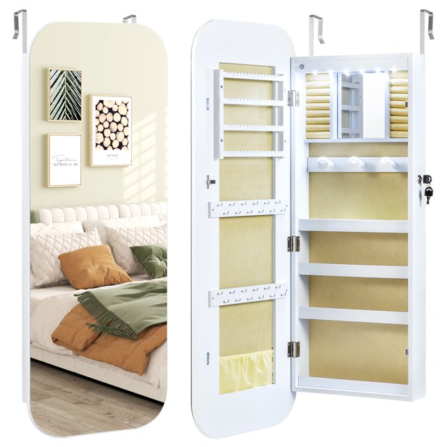 Gymax 6 LEDs Mirror Jewelry Cabinet w/Full-Length Rounded MirrorStorage Shelves Hooks White