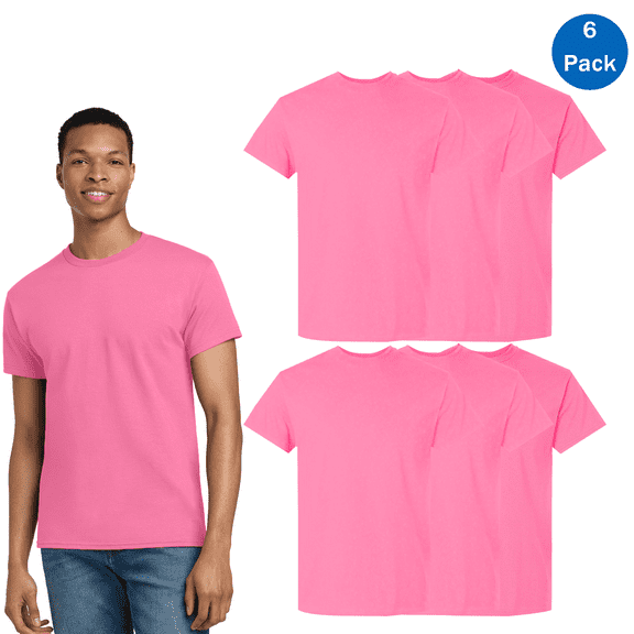 Gildan Men’s 6 Pack Short Sleeve T-Shirt, Hi Vis 50/50 Cotton/ Polyester Casual Tee, Safety Pink, S