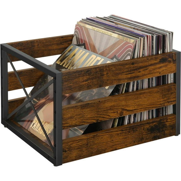 Vinyl Record Storage, Large LP Vinyl Record Storage Crate, Metal & Wooden Album Holder, Cube Record Organizer Box, Holds up to 80  Records