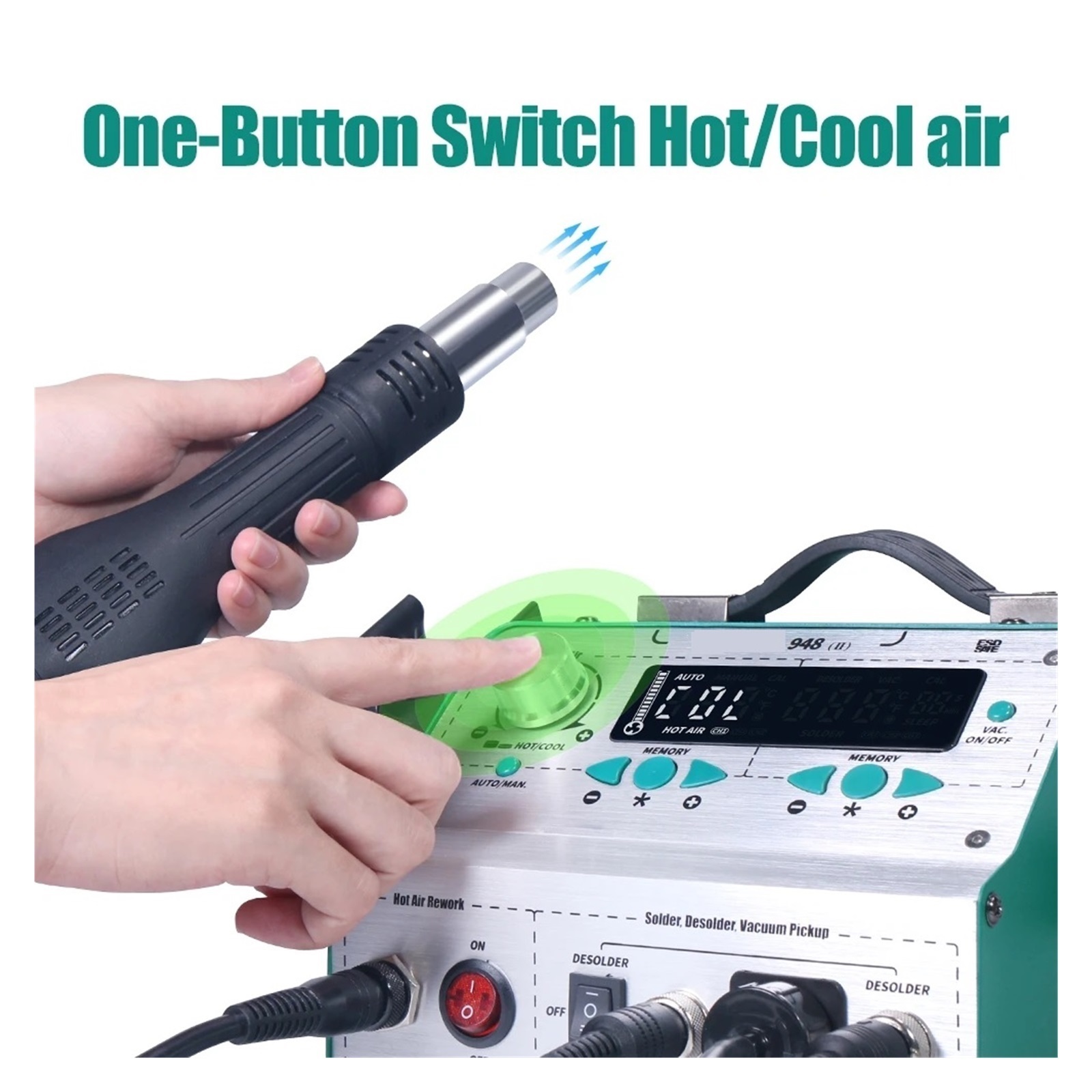 948-II 4 In 1 Desoldering Hot Air Gun Rework Soldering Iron Suction Tin Gun Pick Up Pen Desoldering Soldering Station ,Fast Heating and Auto Hibernate