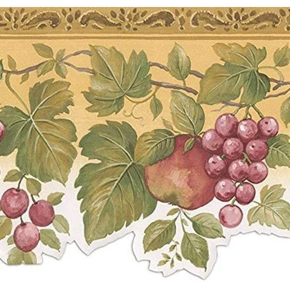 Concord Wallcoverings Wallpaper Border Kitchen Pattern Fruits on Vine Molding Style Grape Apples Leaves for Dining Area, Yellow White Green Red Light Purple, 7 Inches by 15 Feet KS76860DC_