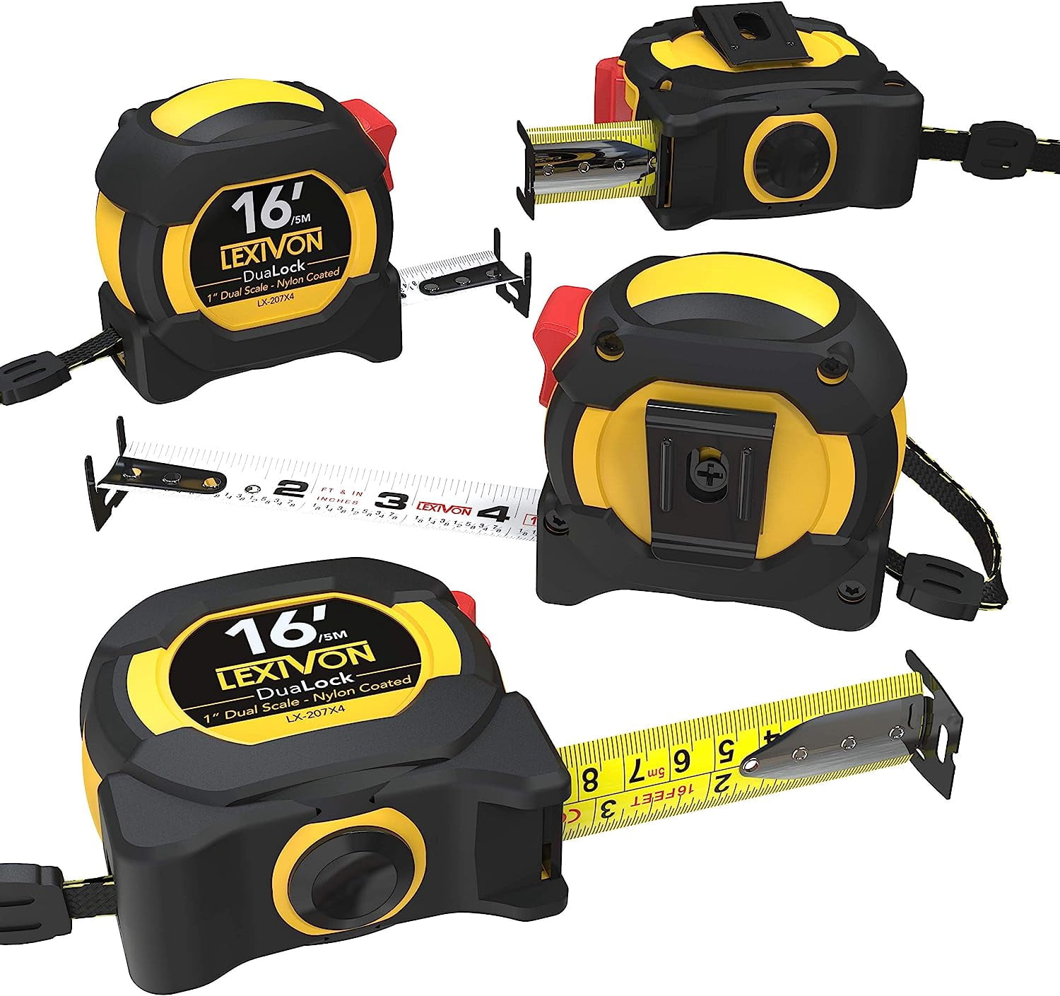 LEXIVON [4-Pack] 16Ft/5m DuaLock Tape Measure | 1-Inch Wide Blade with Nylon side, Matte Finish White & Yellow Dual Sided Rule Print | Ft/Inch/Fractions/Metric (LX-207X4)