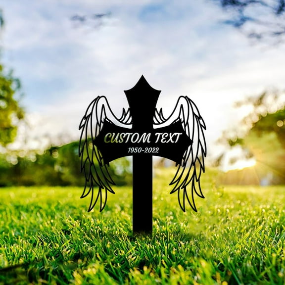 Custom Memorial Cross Stake Personalized,Metal Cross with Angel Wings for Ourdoor, Metal Grave Stake,Cemetery Stake