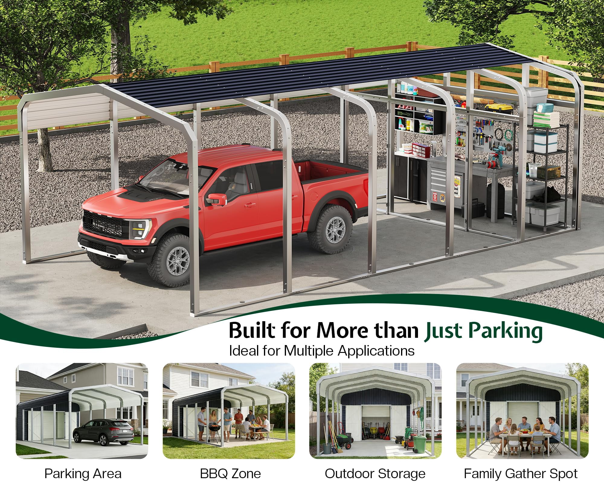 Jocisland 12'x24' 2-in-1 Carport & Storage Shed, Heavy Duty Carport with Galvanized Steel Roof, 2 Transparent Panels & Double Doors for Cars, Trucks