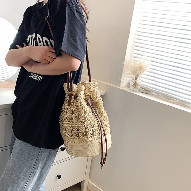 Bolsa Bolsos de hombro con cordón de ratán tejido a mano para mujer de paja (Beige) JShteea Para Estrenar