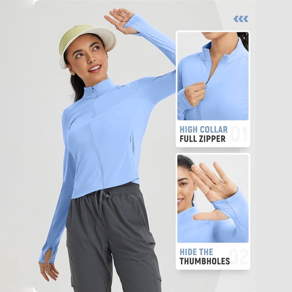 Nfurl Women's Sun Protection Jackets Summer Yoga Athletic Crop Jacket with Thumb Holes Lightweight Zip up Long Sleeve UV Protection Clothing Light Blue,Size XXL