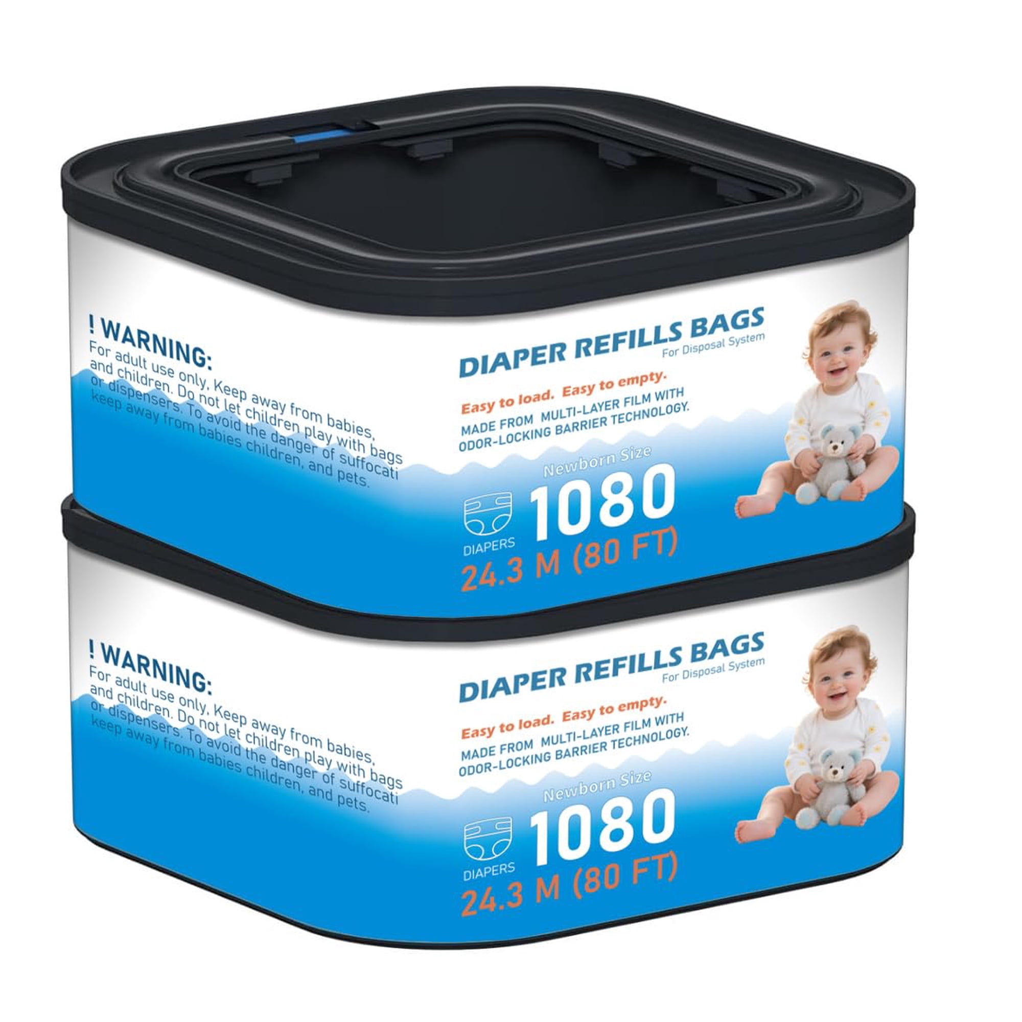 Jumbo Square Refills Disposal Bags Refill Compatible with Genie Diaper Compact, Select Pails, Hold Up to 1080 Newborn-Sized Diapers Per Refill，2 Packs
