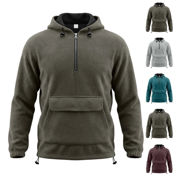 YOIAVAIOY Mens Quarter Zip Fleece Hoodie Heavy Warm Pullover Hoodies Adjustable Drawstring Sweatshirt Fall Winter Outdoor Athletic Sweatshirt Coffee L