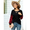 thumbnail image 4 of CALIPESSA Womens Fall Buffalo Plaid Color Block Criss Cross Tops Long Sleeve Casual Black Tunic Shirts, 4 of 5
