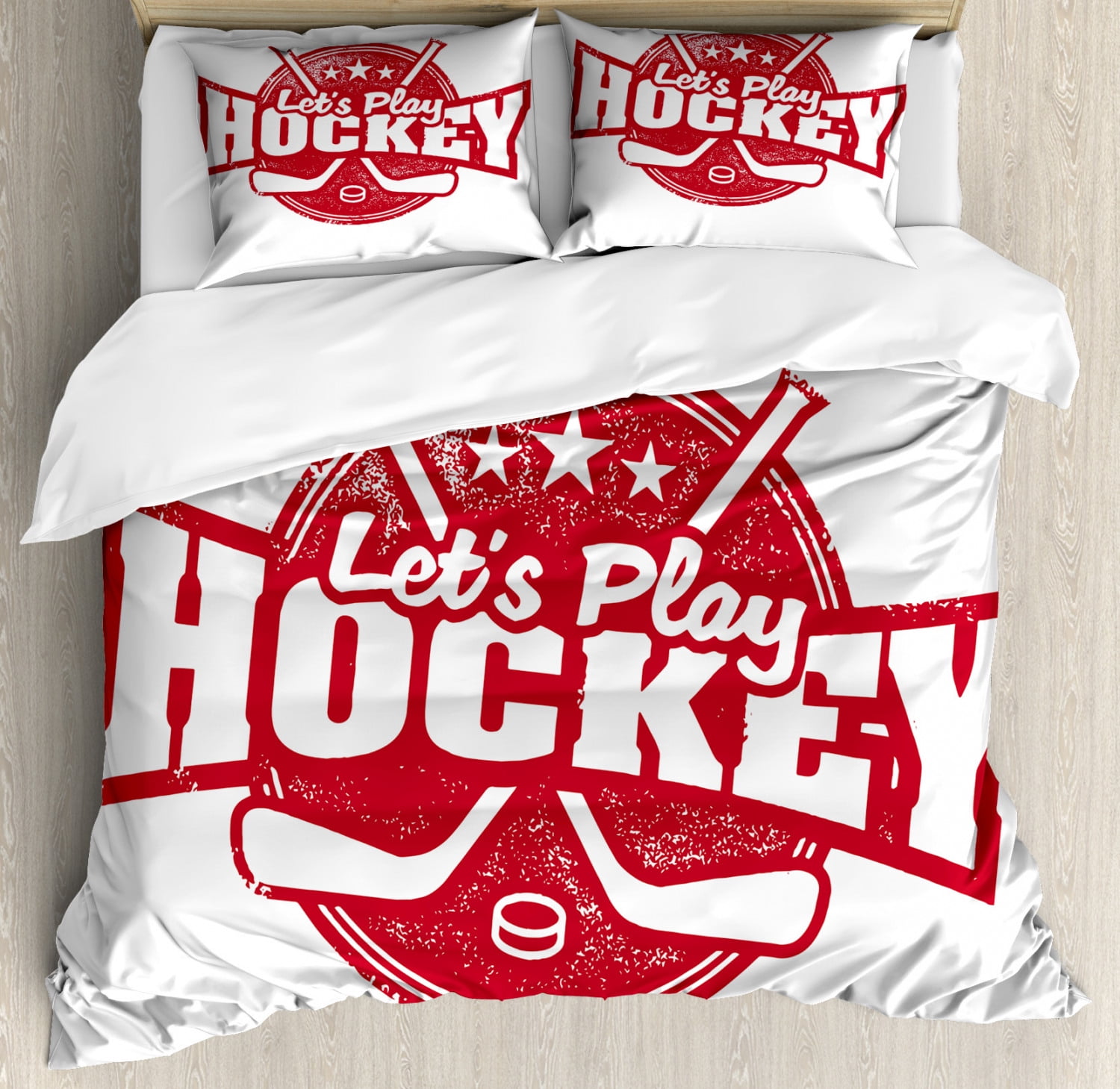 Hockey King Size Duvet Cover Set, Lets Play Retro Style Sports Stamp Illustration League Tournament Win Victory, Decorative 3 Piece Bedding Set with 2