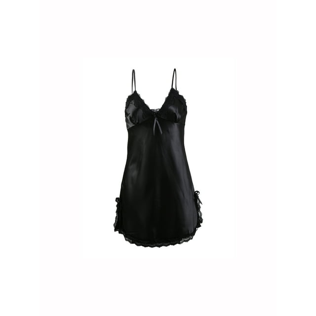 INSPIRAR CHIC Mujeres Satén Floral Encaje Trim Ropa de Dormir Noche Vestido de Slip Pijama Negro-encaje M