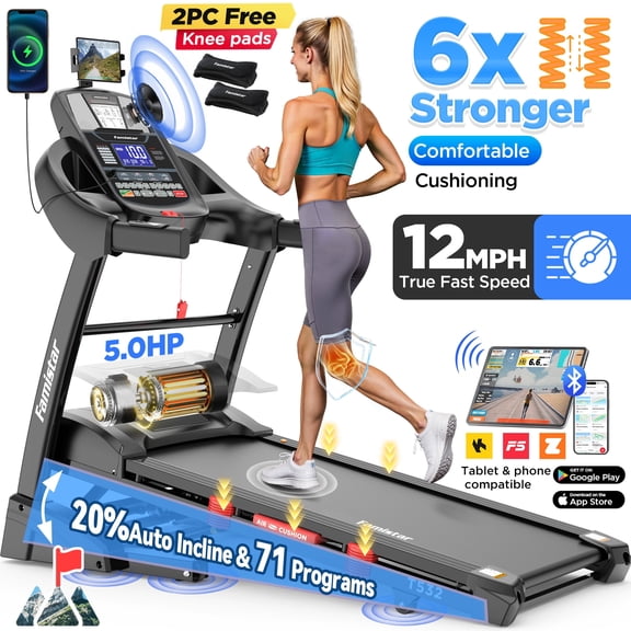 Famistar 5.0HP Folding Treadmill for Home with 20 Auto Incline, Smart APP, 300lbs, HiFi Bluetooth Speakers, 64 Programs, 12MPH Speed, Foldable Electric Treadmill Running Machine, Knee Strap Gift