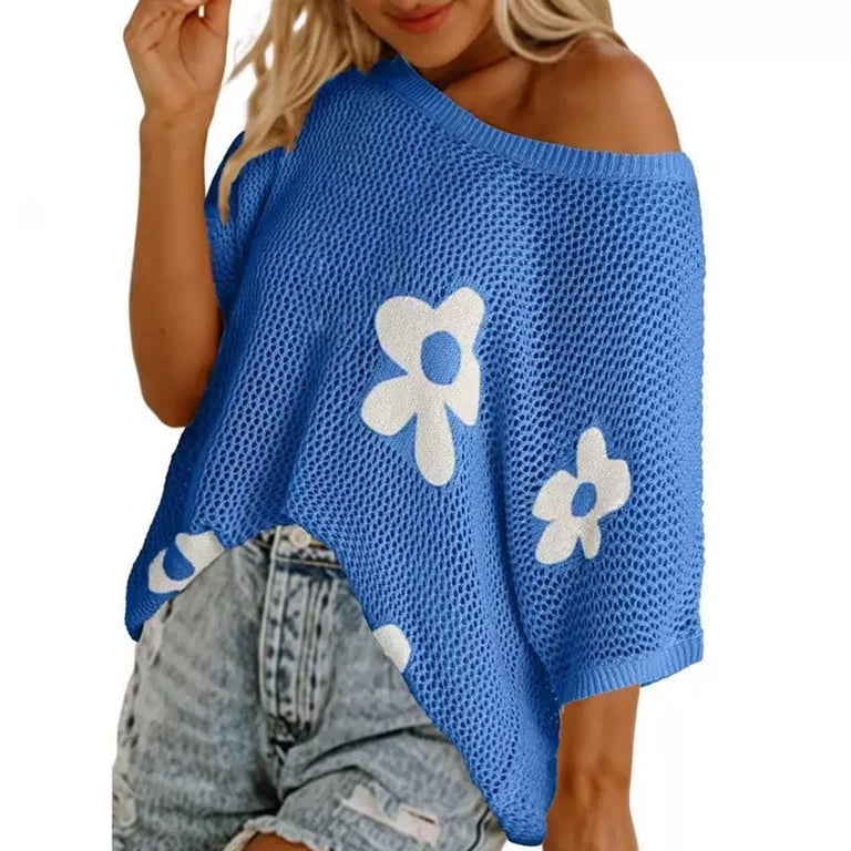 Women's Mesh Knit Short Sleeve Off Shoulder T Shirt, Crochet Tops