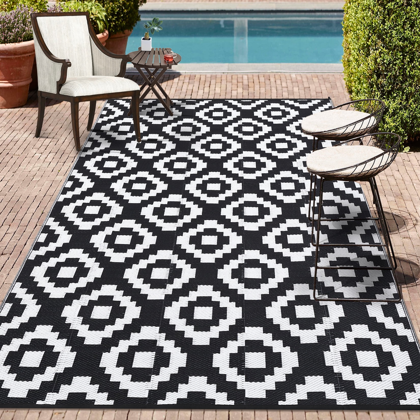 Twister.CK 9x18' Waterproof Outdoor Rug, Reversible Plastic Patio Rugs with Storage Bag, Portable Modern Indoor Outdoor Carpet for Camping, Balcony Deck Backyard, Black & White