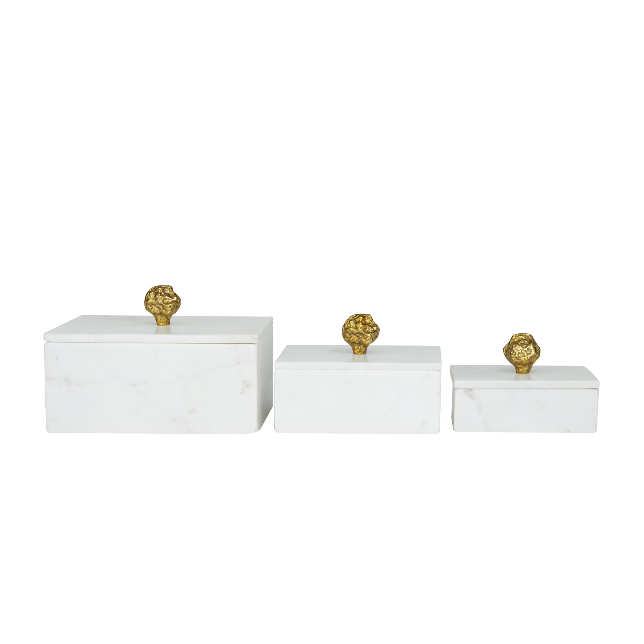 DecMode White Marble Decorative Box with Gold Finial, 3 Count
