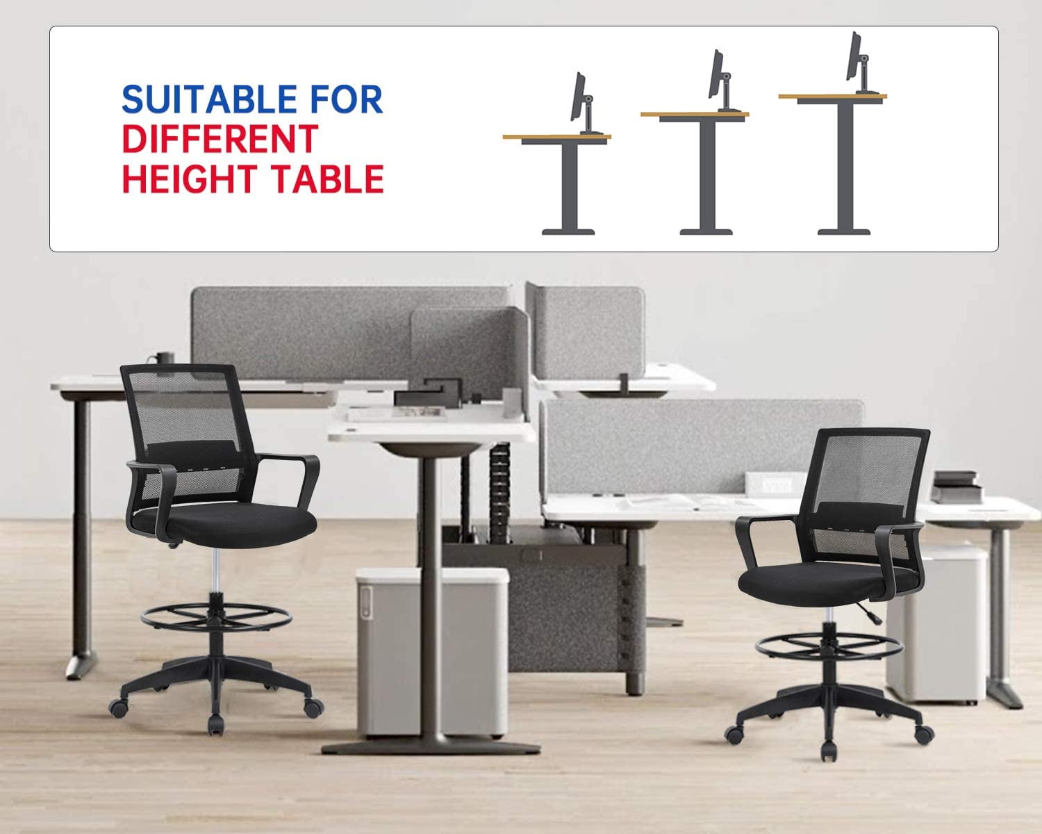 BestOffice Tall Drafting Office Chair, Lumbar Support, Adjustable Arms, Swivel Rolling for Adults(Black)