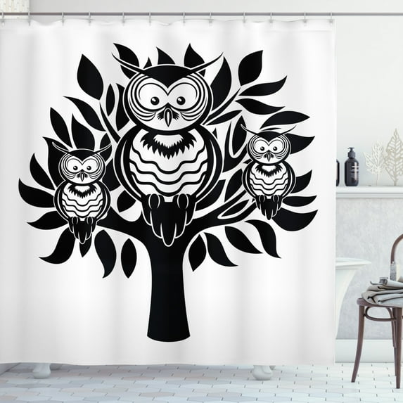 Owl Print Shower Curtain, 3 Night Birds on a Tree Simplistic Monochrome Animal Illustration, Fabric Bathroom Set with Hooks, 69W X 84L Inches Extra Long, Charcoal Grey and White, by Ambesonne
