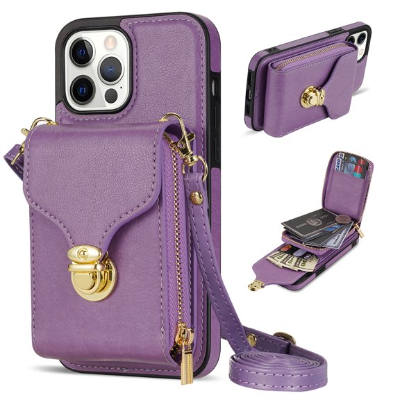 Nalacover Wallet Case for iPhone 13 Pro Max,with Removable Adjustable Shoulder Strap,PU Leather Back Zipper Pocket Card Holder Stand Purse Shockproof Phone Case for Women Men,Purple