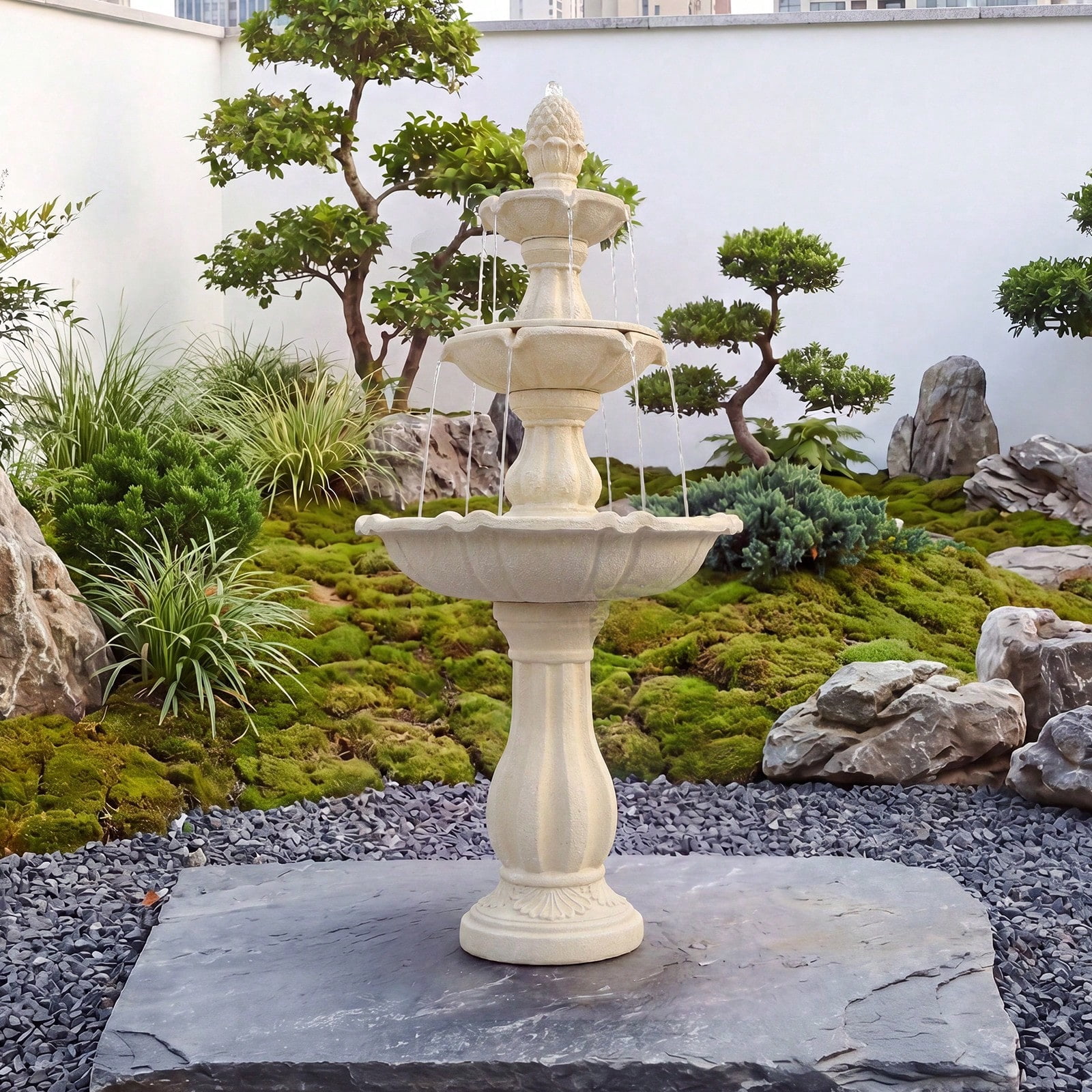 50.5 Inch 3-Tier Solar Outdoor Water Fountain, Pineapple Top Pedestal Waterfall with Warm LED Lights, Weather UV Resistant Resin, Low Noise Energy Saving, for for Yard Patio Home Decor