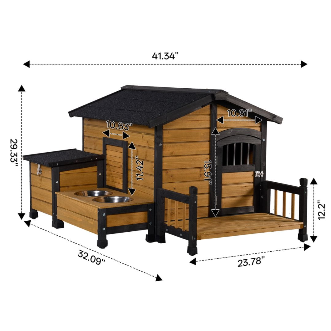 Large Wooden Dog House with Storage Box and Feeding Station, Outdoor Pet Kennel with Asphalt Roof, Porch, and Lockable Door Weatherproof Fir Wood Dog Home for Small to Medium Dogs