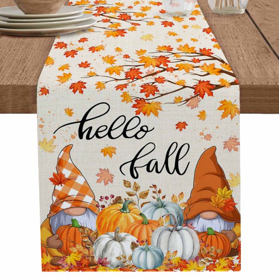 nqOlkjepod Orange Pumpkin Gnomes Fall Table Runner 48 Inches Long Farmhouse Dress Scarves, Branches Leaves Thanksgiving Rustic Dining Tablerunner for Coffee Table/Kitchen Island/Party Décor, 13"x48"