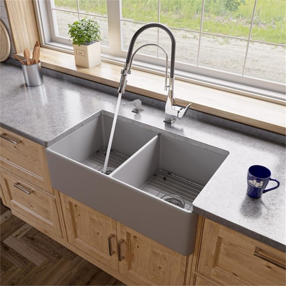 Pemberly Row Gray Matte Smooth Apron 33" x 18" Double Bowl Fireclay Farm Sink