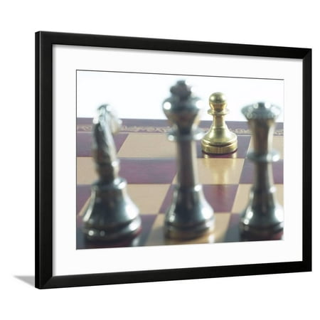 Gold Pawn On Red And Brown Chess Board With Silver King Queen And
