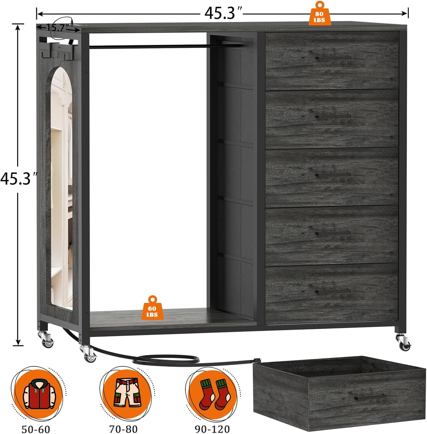 Homieasy Dresser for Bedroom with Clothes Rack & Mirror, Black 5 Drawers Dresser with Charging Station & LED Lights, Rolling Chest of Drawers with Wheels, Full Length Mirror, Wooden Top