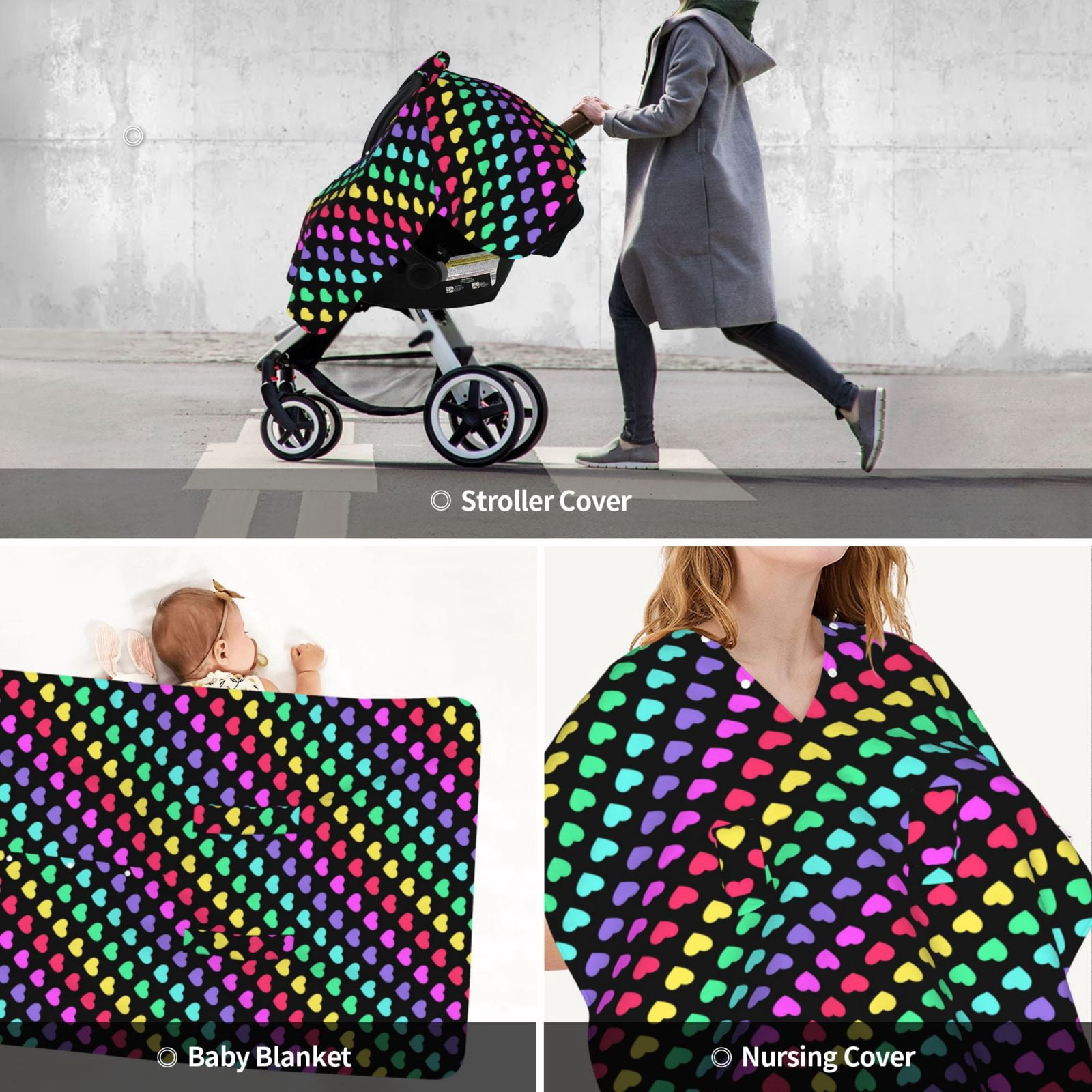 Car Seat Cover Baby - Rainbow Hearts Breathable Infant Car Seat Cover for Baby Carseat, Lightweight Comfort Baby Essentials Must Haves Newborn Stuff for Girl Boy