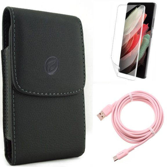Case Belt Clip w 10ft Long USB-C Cable w Matte Screen Protector for Samsung Galaxy S21 Plus - Leather Holster, Pink Charger Cord, TPU Film Anti-Glare Accessory Bundle