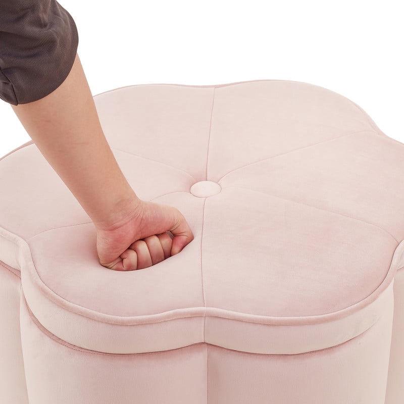 Set of 2 Storage Ottomans, Flower-Shaped Petal Ottoman, Upholstered Velvet Vanity Stool for Living Room & Bedroom, Pink