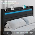 thumbnail image 3 of VanAcc Full Size Bed Frame with RGBW LED Light & Charging Station, 50" High Linen Upholstered Platform Bed with 2-Tier Storage Headboard, Black, 3 of 7