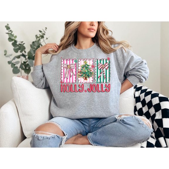 Holly Jolly Sweatshirt, Retro Candy Cane Tree Crewneck, Cute Sweatshirt for Women, Festive Pink Sweater All Size S-5Xl